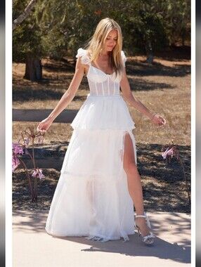 V. Chapman White Tiered Lace Corset Maxi Dress with Ruffle